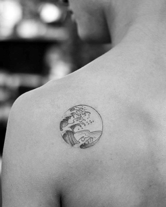 Circle Simple Wave Tattoo On Mans Shoulder