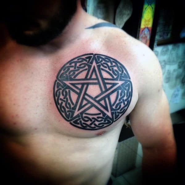 Circle Star Celtic Knot Mens Upper Chest Tattoos