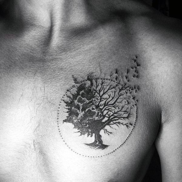 Circle Tree Of Life With Birds Flying Mens Upper Chest Tattoos