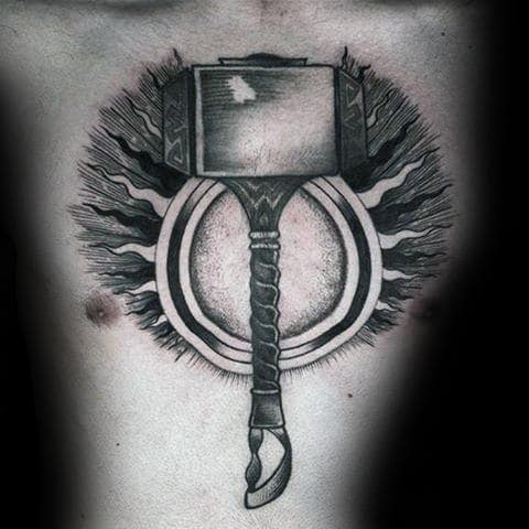 Circle With Bolts Mjolnir Guys Upper Chest Tattoos