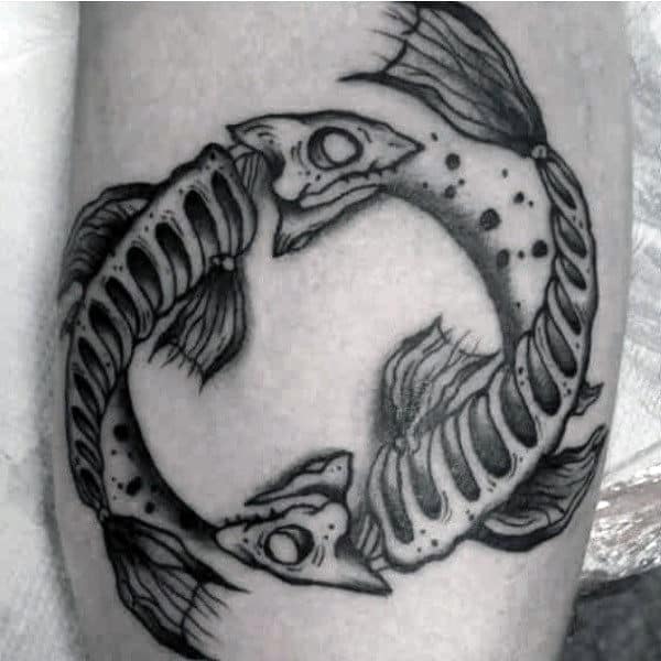 Circular Fish Skeleton Mens Leg Tattoo