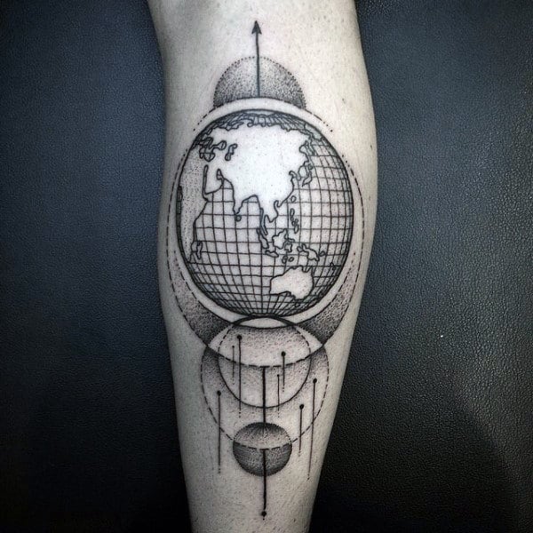 Circular Globe Mens Leg Calf Tattoo Designs