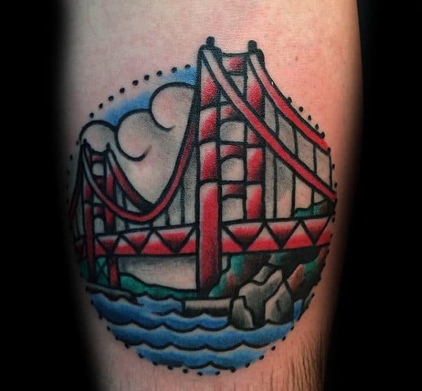 Circular Golden Gate Bridge Mens Old School Arm Tattoo