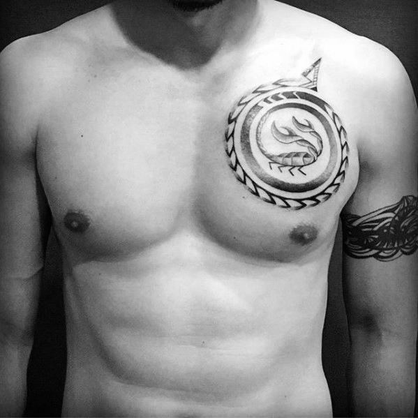 Circular Guys Pattern Scorpion Tribal Tattoo On Chest