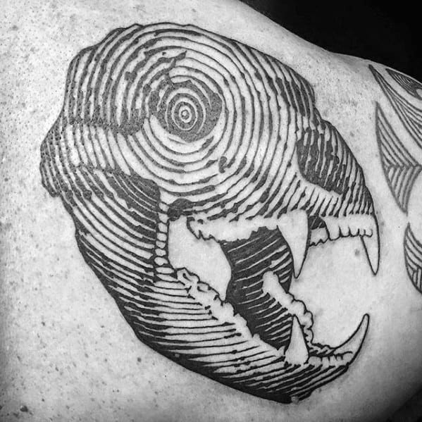 Circular Lines Guys Bear Skull Shoulder Tattoo