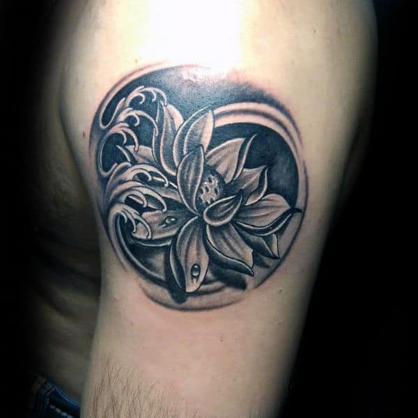 Circular Lotus Flower Mens Waves Tattoo On Upper Arm