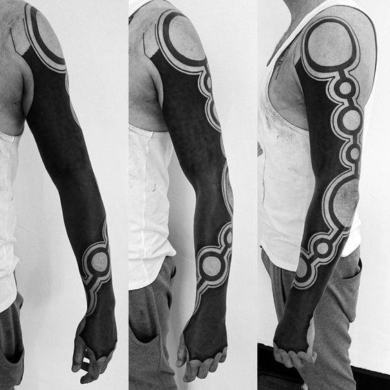 Circular Negative Space All Black Sleeve Tattoos For Men