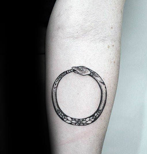 Circular Ouroboros Male Inner Forearm Tattoo Idea