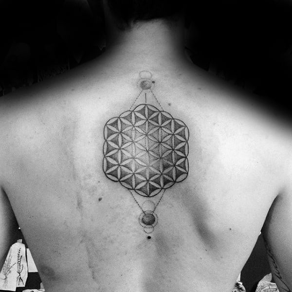 Circular Pattern Male Flower Of Life Back Tattoo