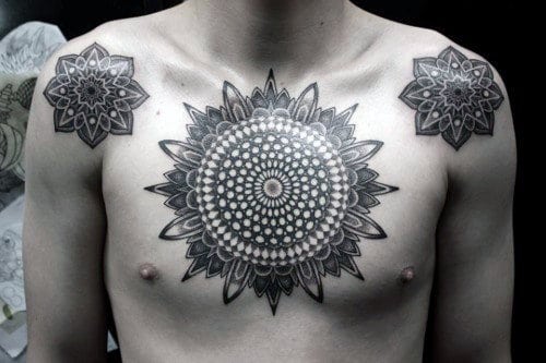 Circular Repeating Pattern Design Factal Male Upper Chest Tattoo