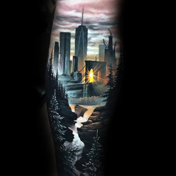 City Skyline Coolest Mens Leg Sleeve Tattoos