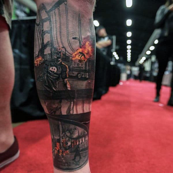 City Under Zombie Apocalypse Leg Sleeve Tattoo For Guys