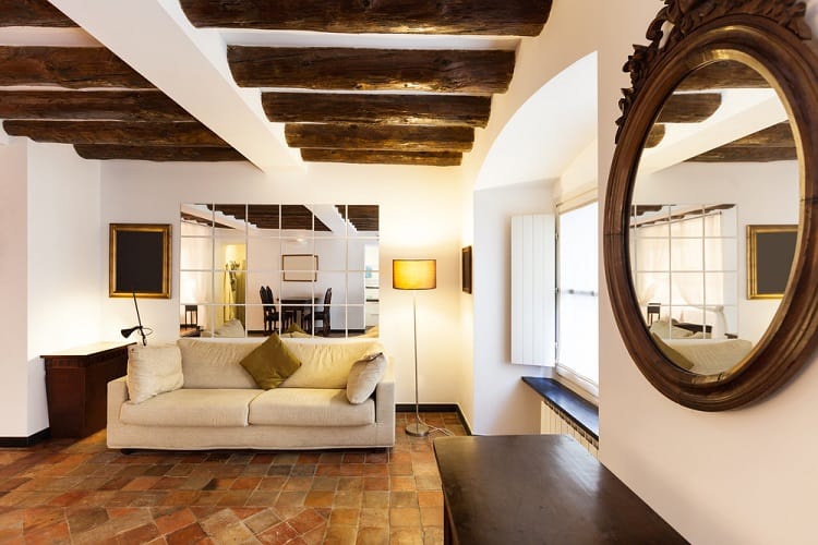 classic apartment living room beam ceiling