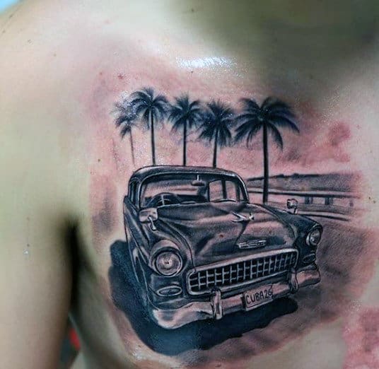 Classic Car Tattoo Men With Palm Trees On Chest