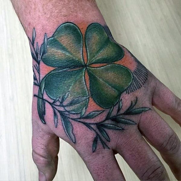 Classic Four Leaf Clover Hand Tattoo For Guys