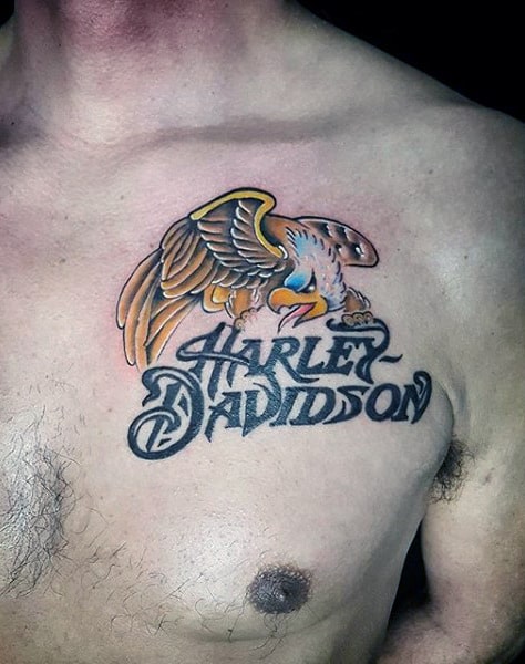 Classic Harley Davidson With Ealge Male Chest Tattoos