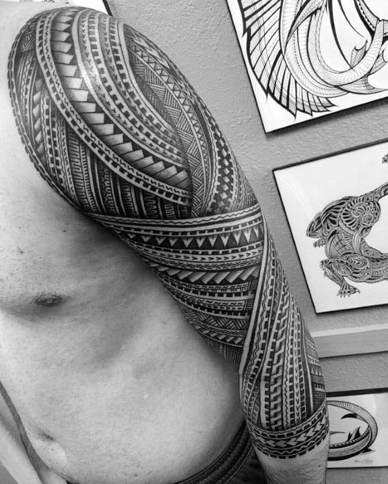 Classic Polynesian Guys Tribal Half Sleeve Arm Tattoos