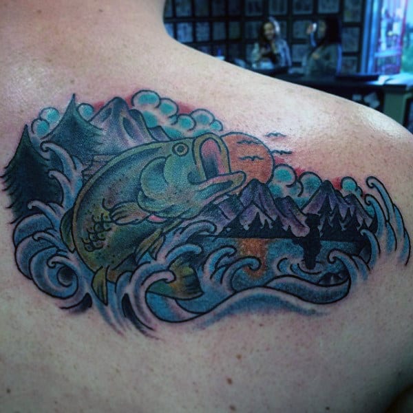 Classic Retro Bass Tattoo With Lake Mountains Trees On Shoulder