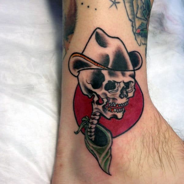 Classic Skeleton Cowboy With Red Sun Ankle Tattoo For Men