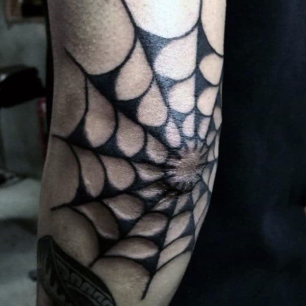 Classic Spider Web Black Ink Male Outer Elbow Tatotos