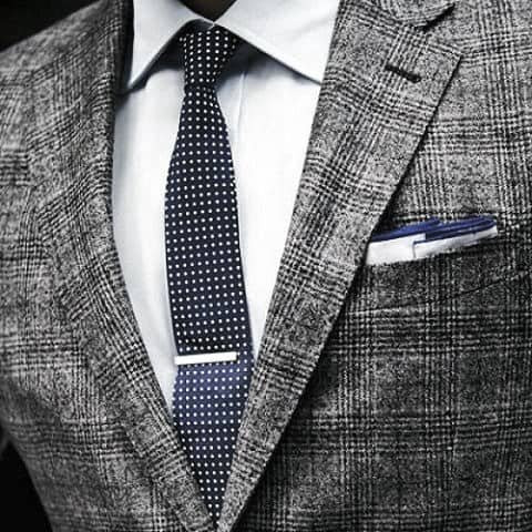 Classy Male Grey Suit Styles With Polka Dot Blue Tie And Pocket Square