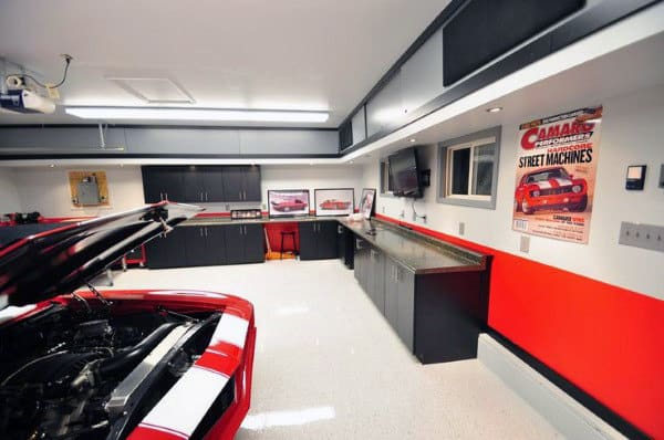 Clean White Garage Coating Ideas With Red Theme
