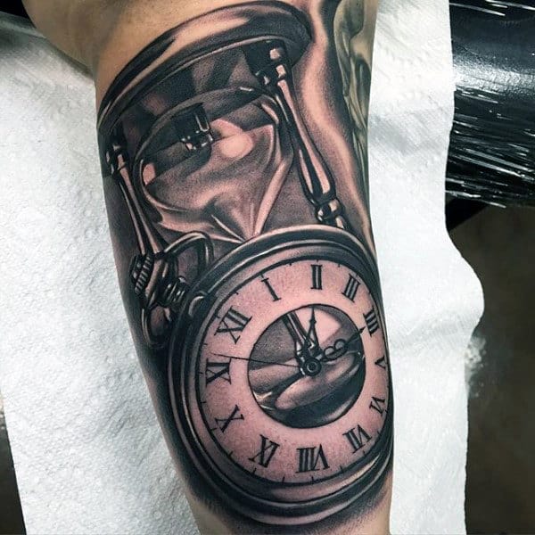 Clock And Hourglass Realistic Mens Upper Arm Tattoos
