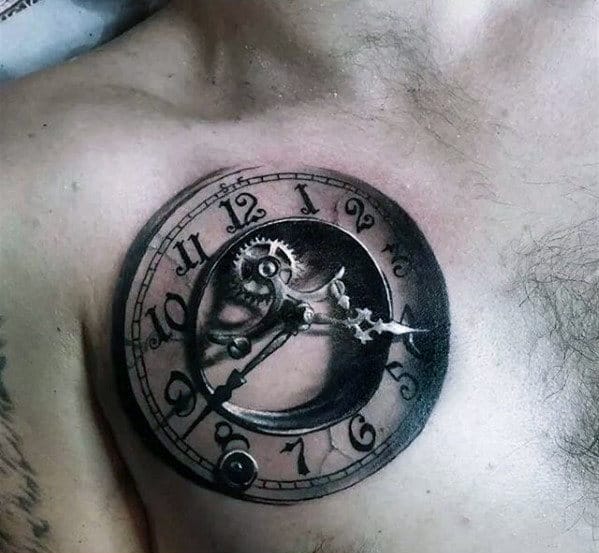 Clock With Hands 3d Guys Upper Chest Tattoo