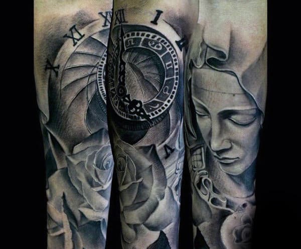 Clock With Rose And Virgin Mary Guys Shaded Forearm Tattoos