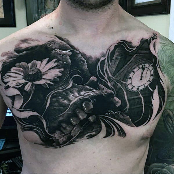 Clock With Skull And Flower Black Ink Chest Tattoo For Men