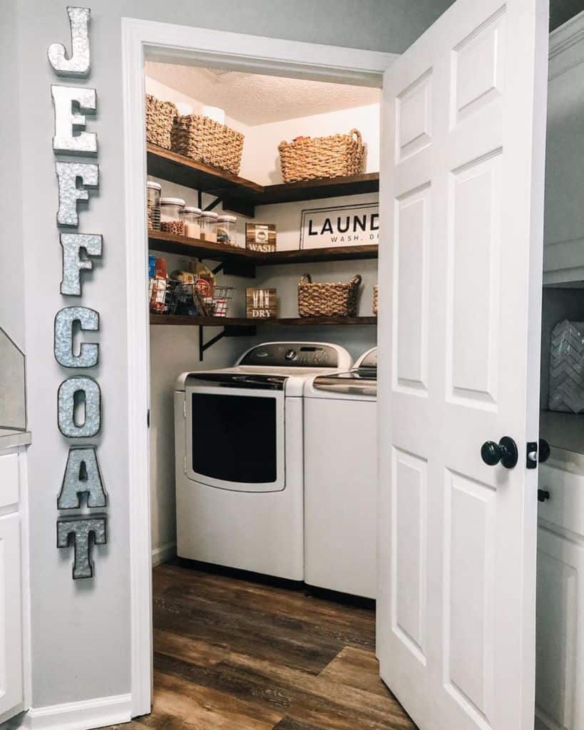 closet laundry room washer and dryer wall shelves