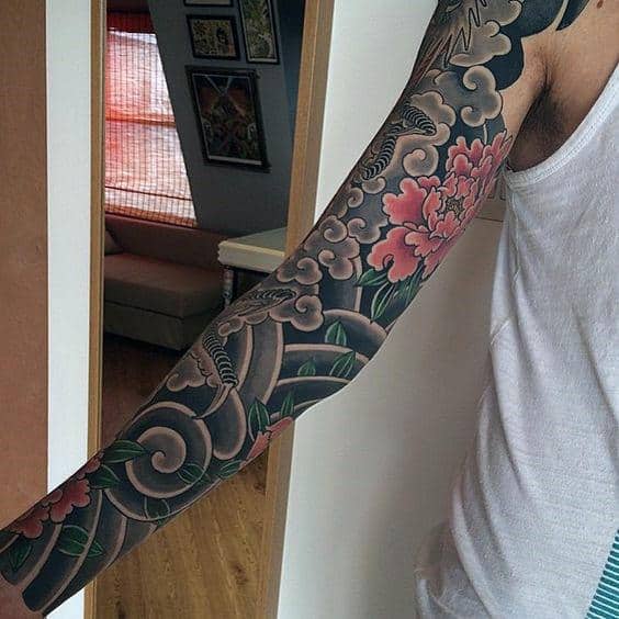 Cloud Flower Male Traditional Japanese Full Sleeve Tattoo Designs