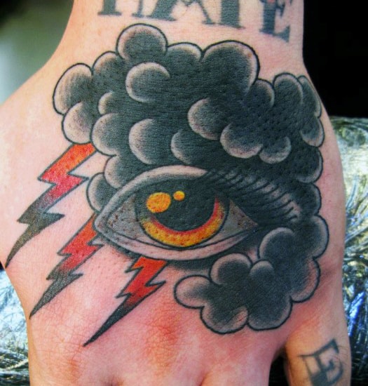 Cloud With Eye And Thunder Traditional Male Hand Tattoos
