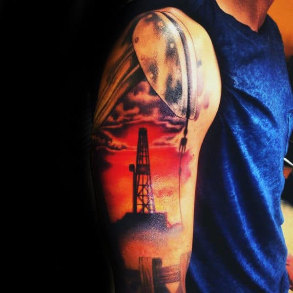 Clouds And Sunset Guys Oilfield Themed Sleeve Tattoo