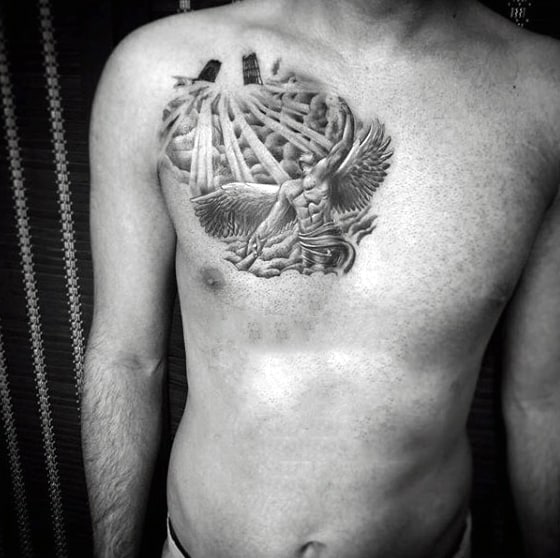 Clouds On Chest Tattoo For Males With Sunrays
