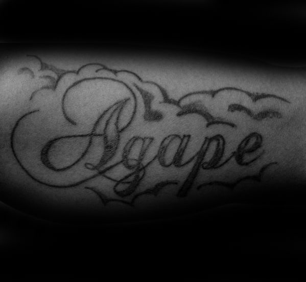 Clouds With Cursive Agape Mens Outer Forearm Tattoo