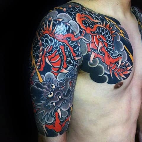 Clouds With Dragon Half Sleeve Chest Guys Japanese Tattoo Designs