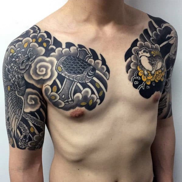 Clouds With Phoenix And Frog Mens Chest And Half Sleeve Japanese Tattoo Ideas