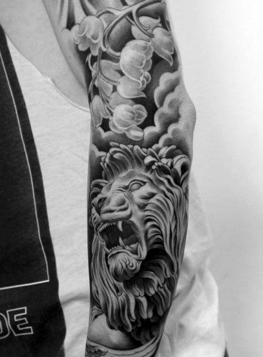 Clouds With Roaring Lion Mens Full Arm Sleeve Tattoo Designs