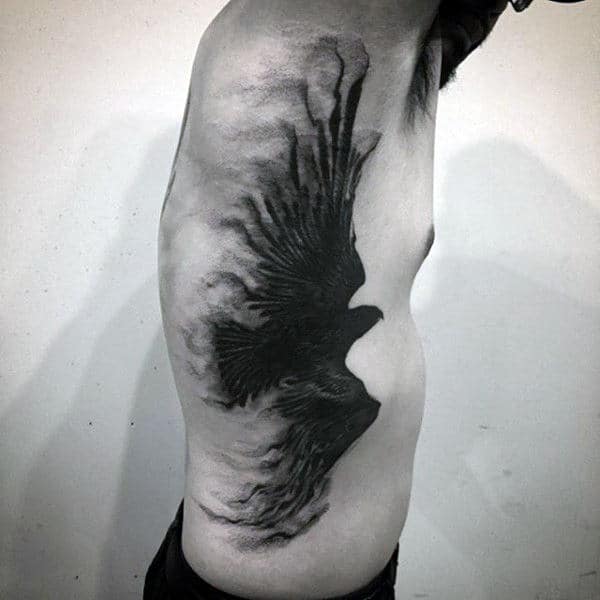 Coal Dark Flying Raven Tattoo Mens Side Ribs