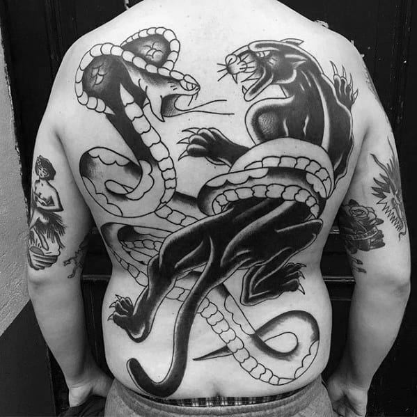 Cobra Snake Wrapped Around Panther Male Traditional Back Tattoos