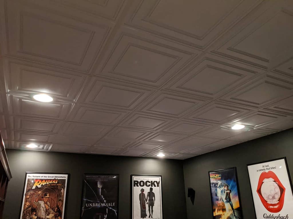 coffered ceiling in basement movie room