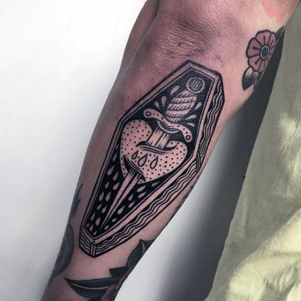 Coffin Traditional Dagger Heart Mens Outer Forearm Tattoos
