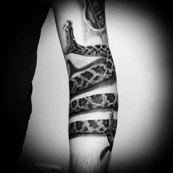 Coiled Rattlesnake Guys Forearm 3d Shadow Tattoo Designs