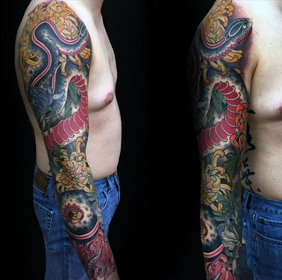 Coiled Snake Chrysanthemum Flower Mens Full Sleeve Tattoos