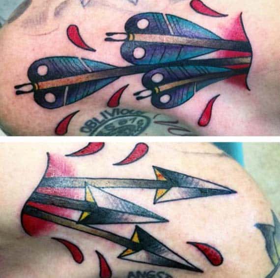 Color Arrow Through Flesh Archery Mens Tattoo Designs On Upper Shoulder