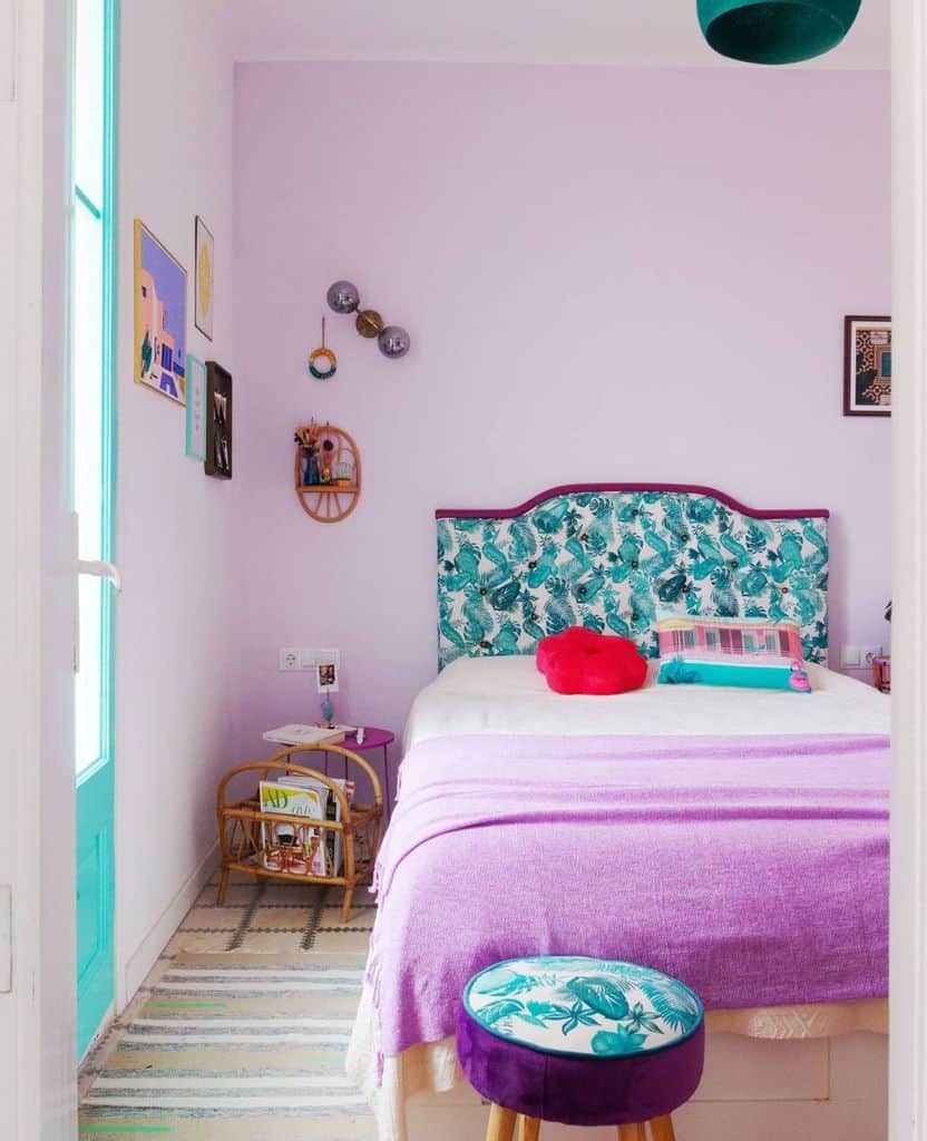 purple wall bedroom colorful bedspread