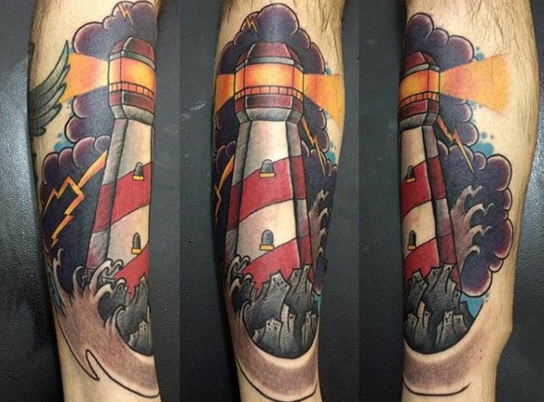 Color Lighthouse Forearm Tattoo For Males