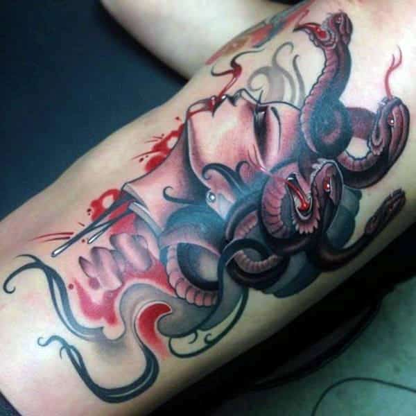 Color Red And Black Medusa Snake Head Tattoos For Men On Leg