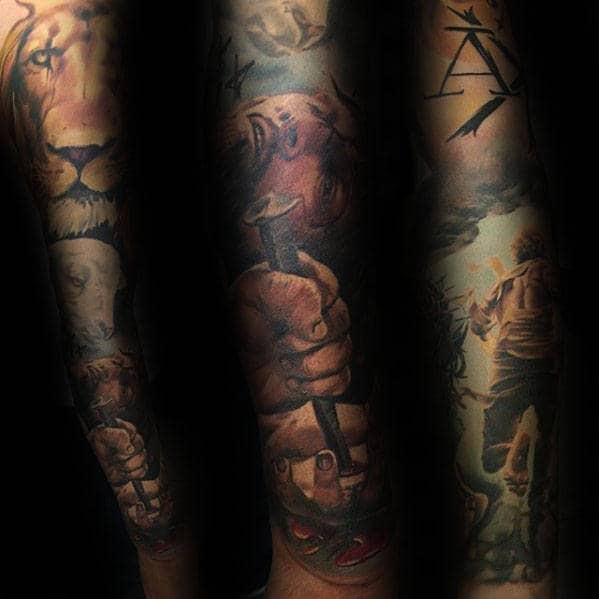 Color Sleeve Mens Spike Through Jesus Hand Tattoo